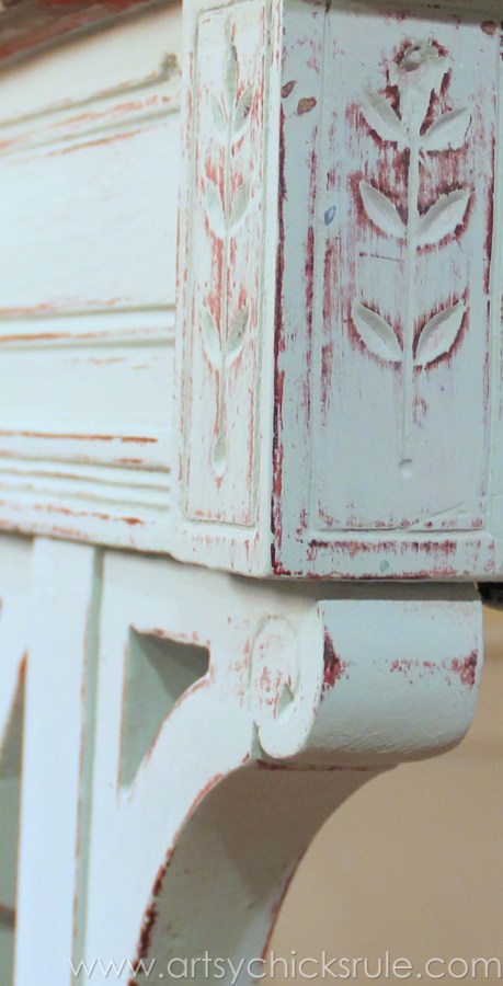 Distressed Old Carved Writing Desk Transformed with Chalk Paint - distressing to the red - #chalkpaint #generalfinishes #javagelstain #makeover artsychicksrule.com