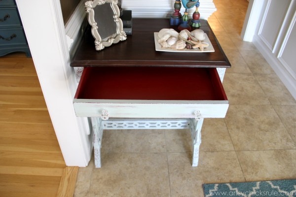 Distressed Old Carved Writing Desk Transformed with Chalk Paint - red drawer - #chalkpaint #generalfinishes #javagelstain #makeover artsychicksrule.com
