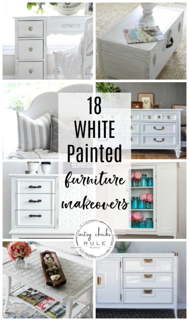 White is classic and timeless. Today I'm sharing 18 painted white furniture makeovers to inspire! artsychicksrule.com #whitepaintedfurniture #whitefurnitureideas #whitefurnituremakeovers