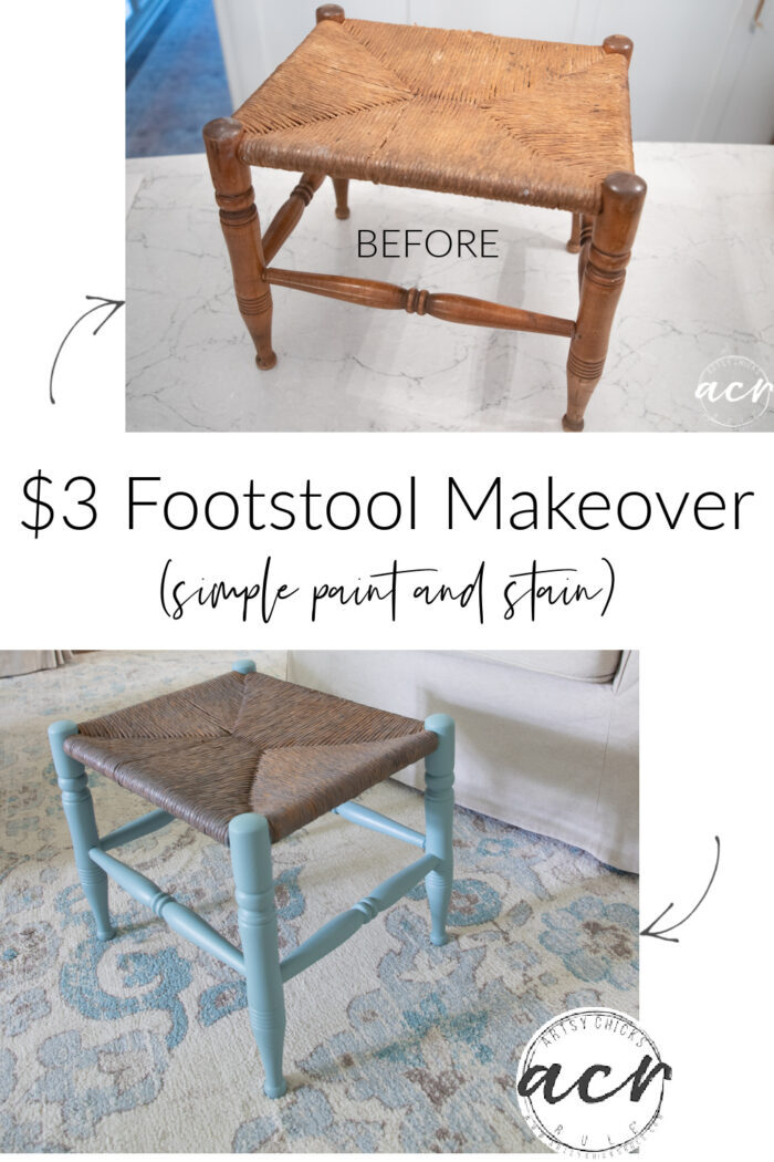 This $3 rush footstool from the ReStore got a brand new look! Simple with paint and stain. artsychicksrule.com