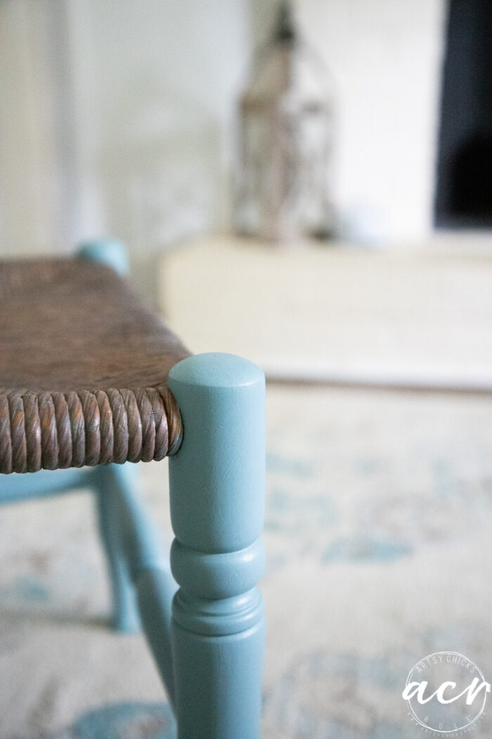 up close of blue wood rush stool