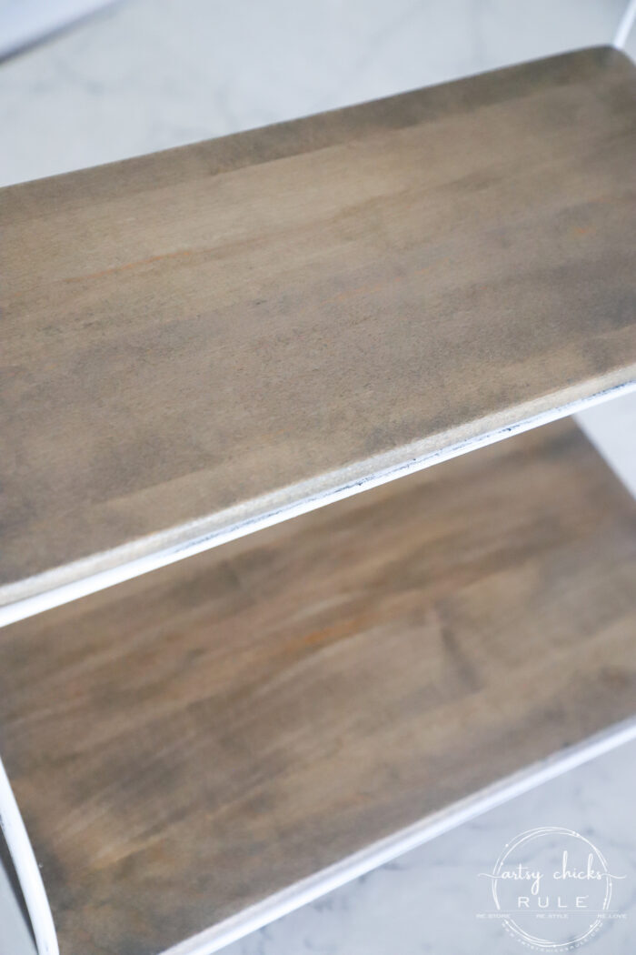 Another simple way to create the look of a weathered wood finish! There are multiple ways, as I talk about on the blog, this is just one of them! artsychicksrule.com #weatheredwoodfinish #weatheredwood #howtoweatherwood 