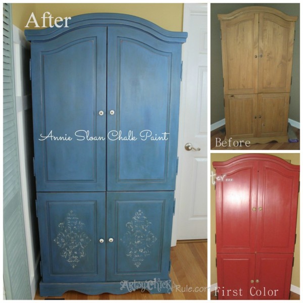 Blue Armoire - Chalk Paint - Stenciled - Before and After - artsychicksrule.com #chalkpaint