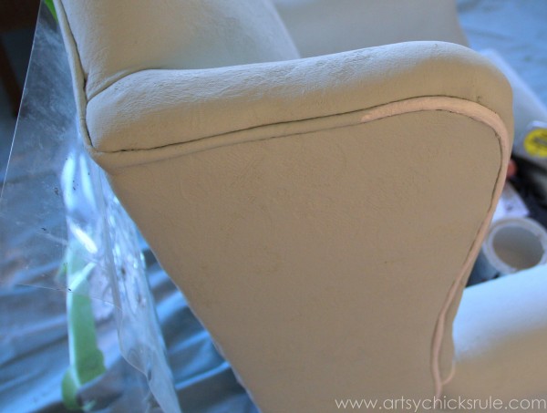 Chalk Painted Upholstered Chair Makeover - Painting Trim with White - artsychicksrule.com #paintedupholstery #chalkpaint #diy (4)