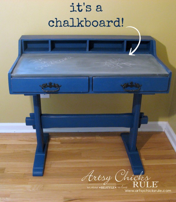 navy blue desk with chalkboard top