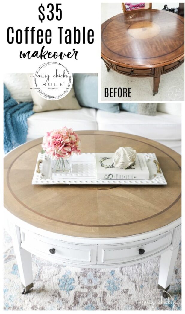 This $35 thrift store coffee table got a brand new, coastal style coffee table look ...with a little paint, stain and poly! Simple! artsychicksrule.com #coffeetablemakeover #coastalstyle #gelstain #chalkpaintedfurniture 