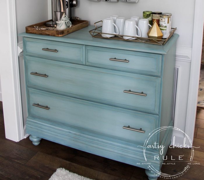 Gorgeous Aqua Dresser with 2 Paint Washes AND Hints of Gold Turned Coffee Bar! artsychicksrule.com #aquadresser #coffeebar #paintedfurniture #furnituremakeover #dresserideas