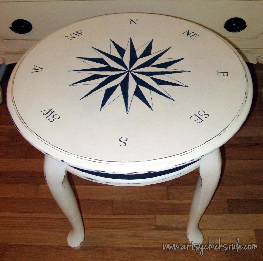 navy blue and white compass rose table