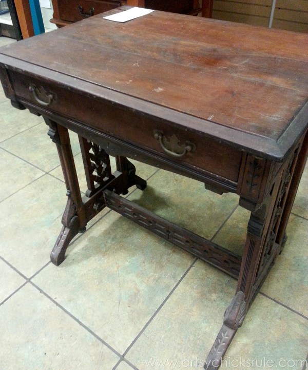 Distressed Old Carved Writing Desk Transformed with Chalk Paint - before front - #chalkpaint #makeover artsychicksrule.com