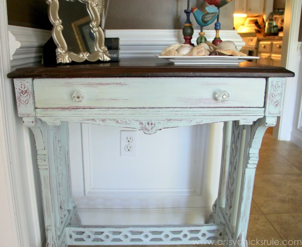 Distressed Old Carved Writing Desk Transformed with Chalk Paint - front - #chalkpaint #generalfinishes #javagelstain #makeover artsychicksrule.com