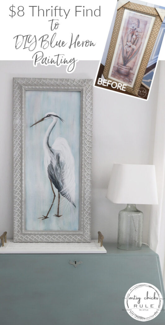 I'm sharing my step by step tutorial on how I painted this DIY Blue Heron painting! (and with an $8 thrifty find too!) artsychicksrule.com