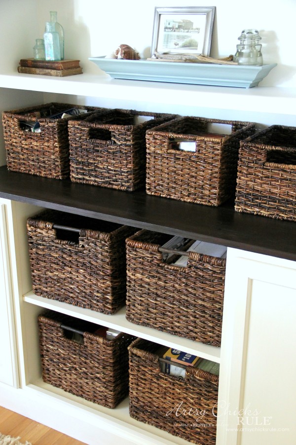 DIY Built-In Bookcase Wall - LOVE these baskets from Target - artsychicksrule #bookcase #diy