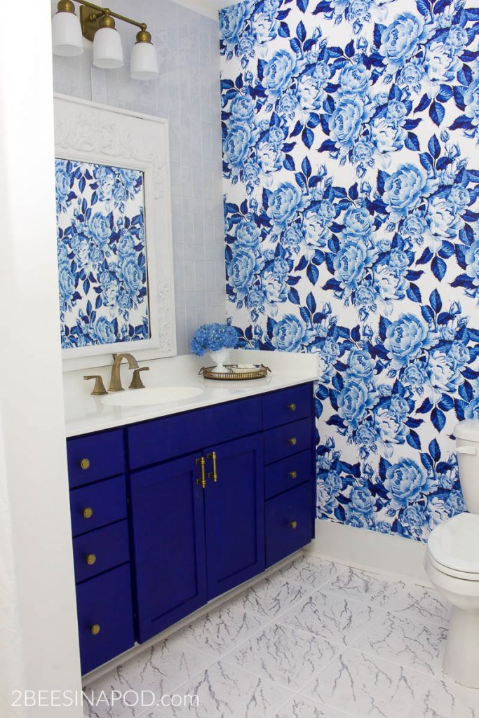 blue flowers with white background, blue cabinet
