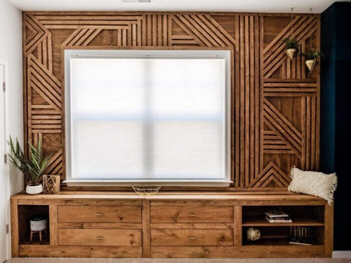 abstract wood pattern in natural not painted stain. with window and built in cabinet