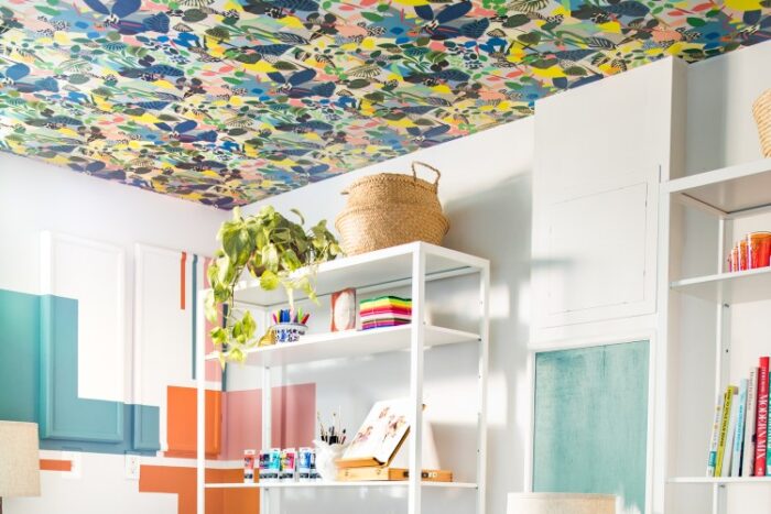 very colorful and bold wallpaper on ceiling