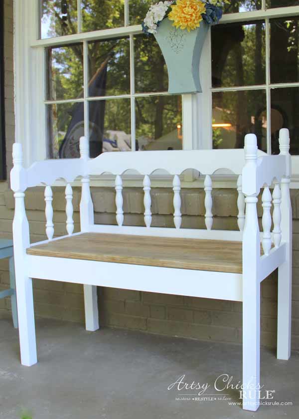 white and wood headboard bench on porch