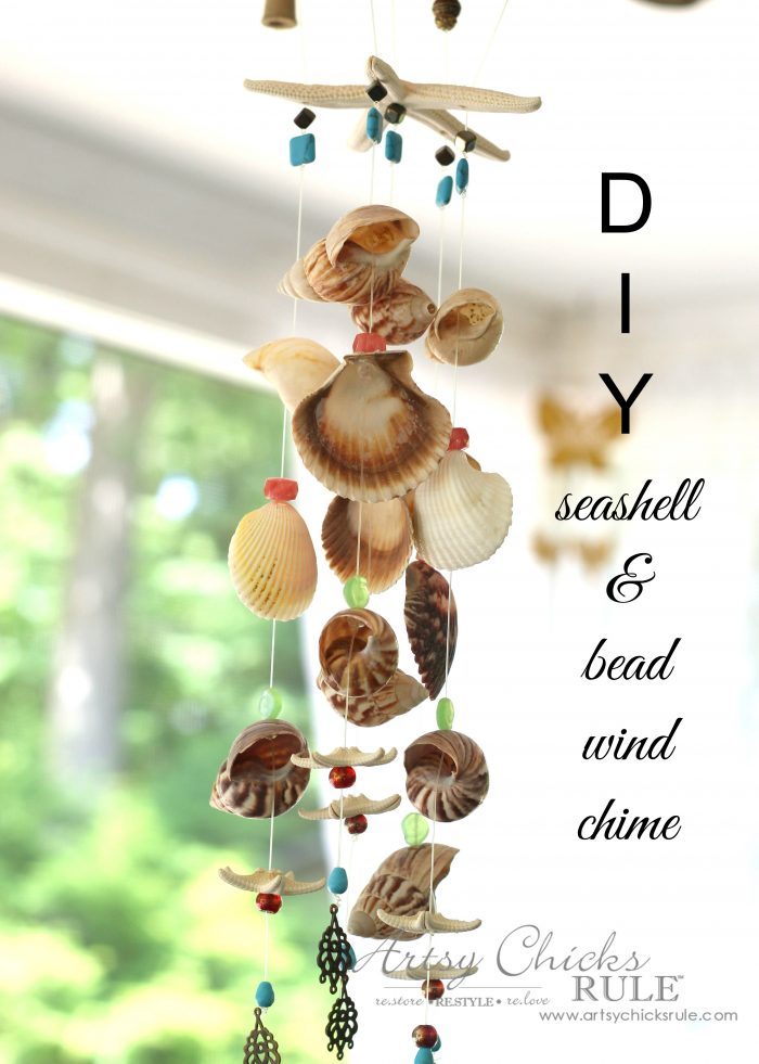 seashell wind chime with colored beads hanging up on ceiling