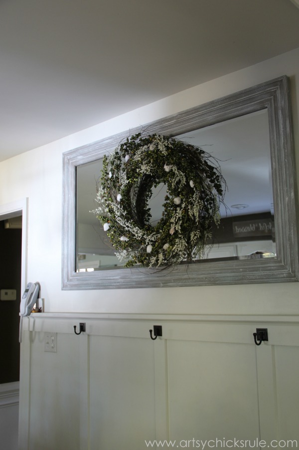 DIY Weathered Wood Look with Paint and Green Berry Wreath -artsyhchicksrule.com