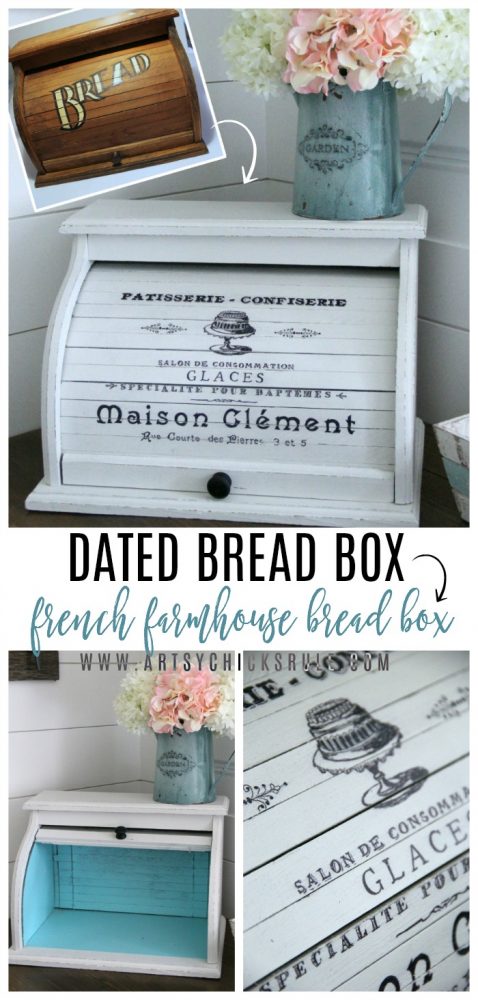 This sweet painted bread box looks transformed with pretty French graphics and aqua "surprise" paint inside! artsychicksrule.com