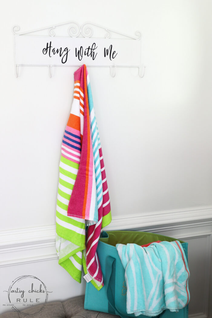 Make this simple, fun & quirky "Hang With Me" sign and hook rack out of any old thrift store find for budget friendly decor! #artsychicksrule.com #hangwithme #hookrack #diysign #hangingsign