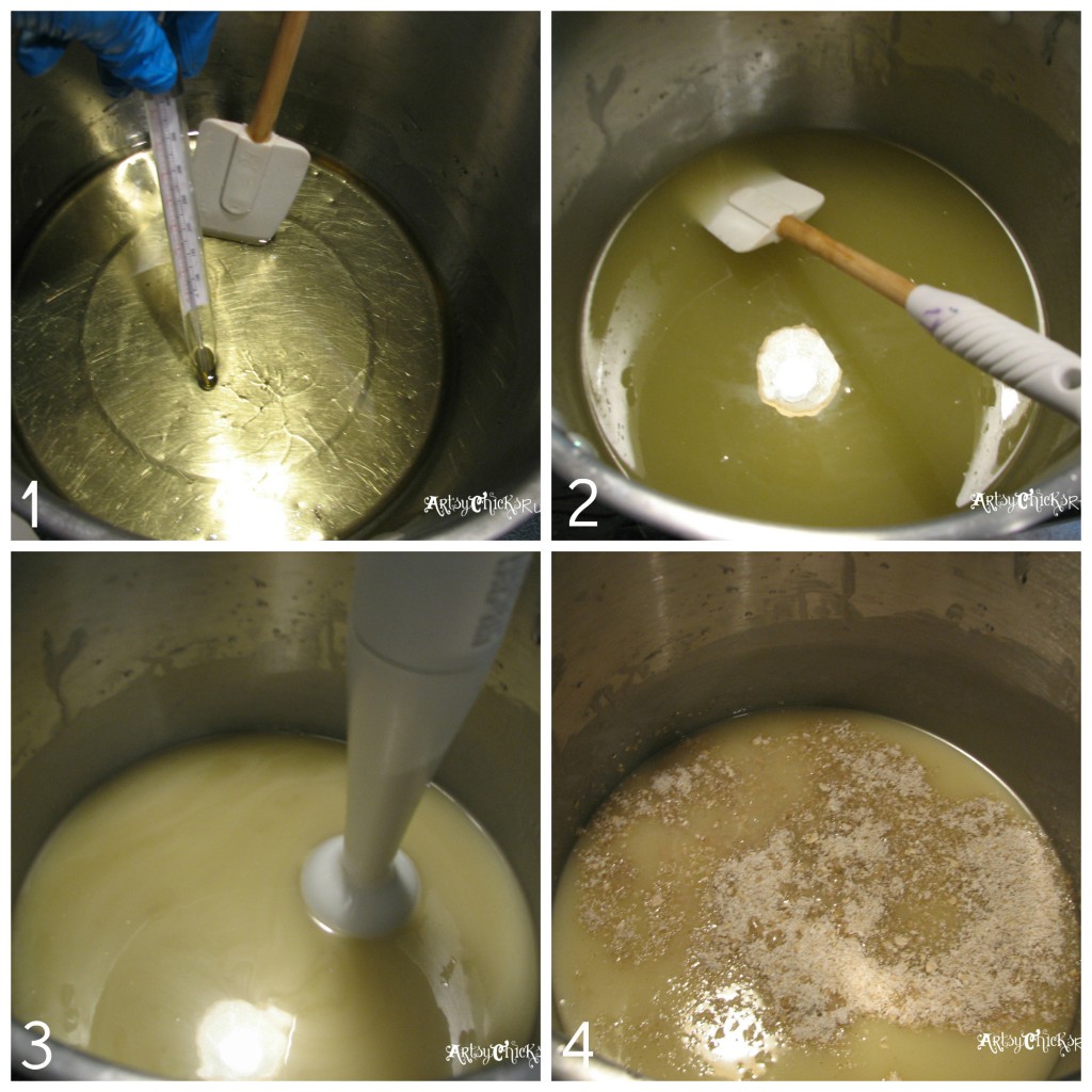 Soap Making Heating Oil-Adding Lye Mixture-Adding Additives and Essential Oils artsychicksrule.com #soapmaking #coldprocesssoap #naturalsoap #handmadesoap #homemadesoap #soaptutorial #diysoap