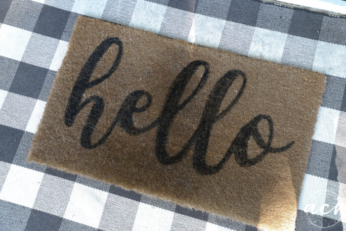 hello door mat on black and white check rug