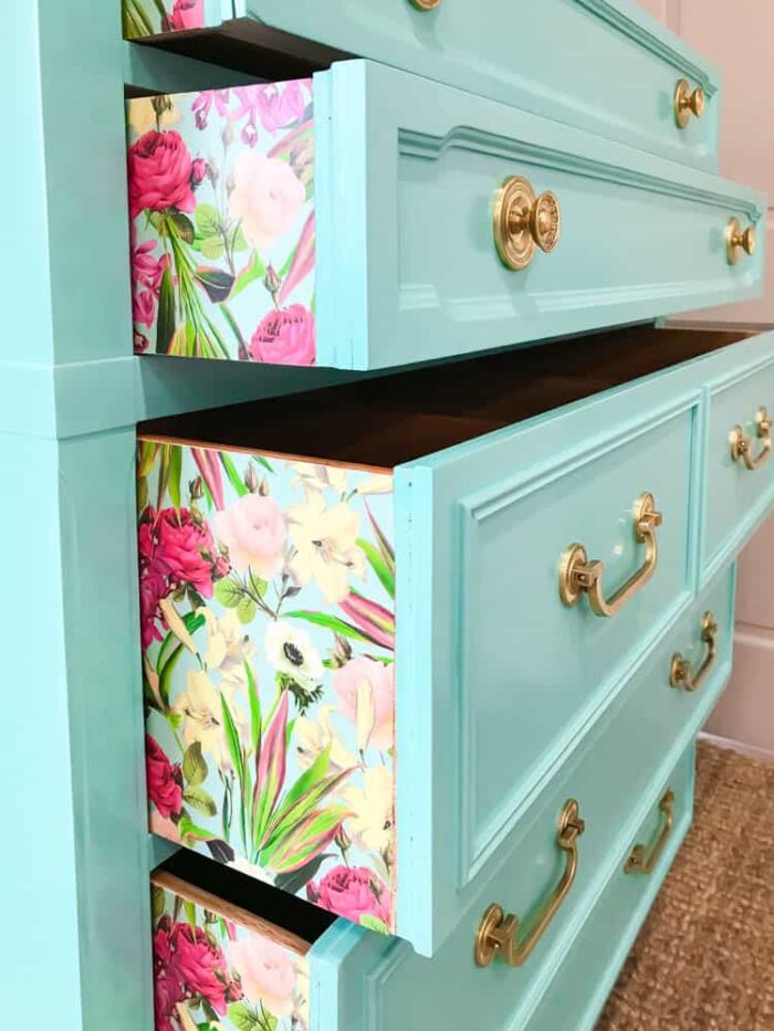 Aqua dresser with flowered drawers