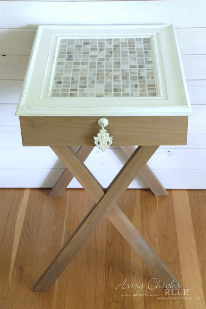 tiled tabletop frame on criss cross wood base