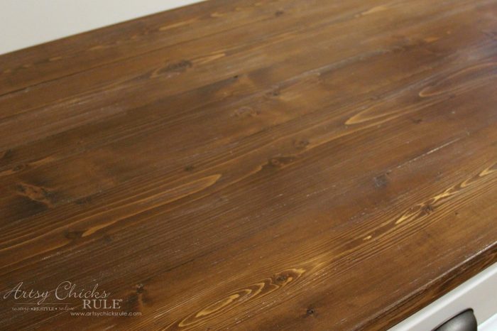 Farmhouse Style and Easy!! How To Make DIY Wood Countertop - adding dry brush artsychicksrule.com #woodcountertops #diywoodcountertop #howtobuildcountertop 