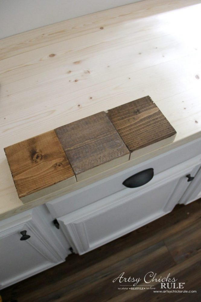 Farmhouse Style and Easy!! How To Make DIY Wood Countertop - choosing stains artsychicksrule.com #woodcountertops #diywoodcountertop #howtobuildcountertop 