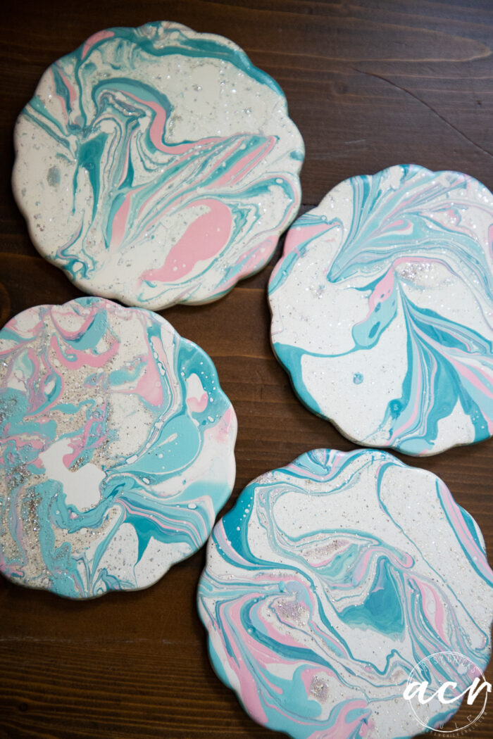 pink and blue marble swirled coasters