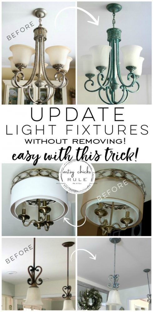 How To Paint Light Fixtures (with this simple trick!!) artsychicksrule.com #paintlightfixtures #paintedlightfixtures #paintedchandelier #fauxverdigris #fauxpatina #chalkpaint #chalkpaintedlight