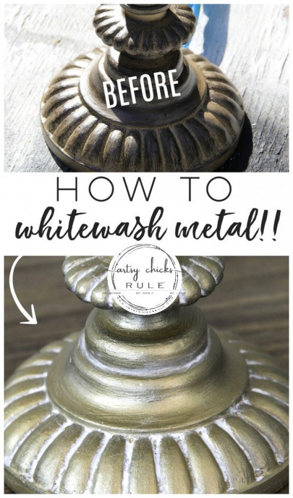 How To Whitewash Metal (simple!!!) artsychicksrule.com #whitewash #whitewashmetal #goldlamps #goldpaint #howtowhitewash #paintfinishes 