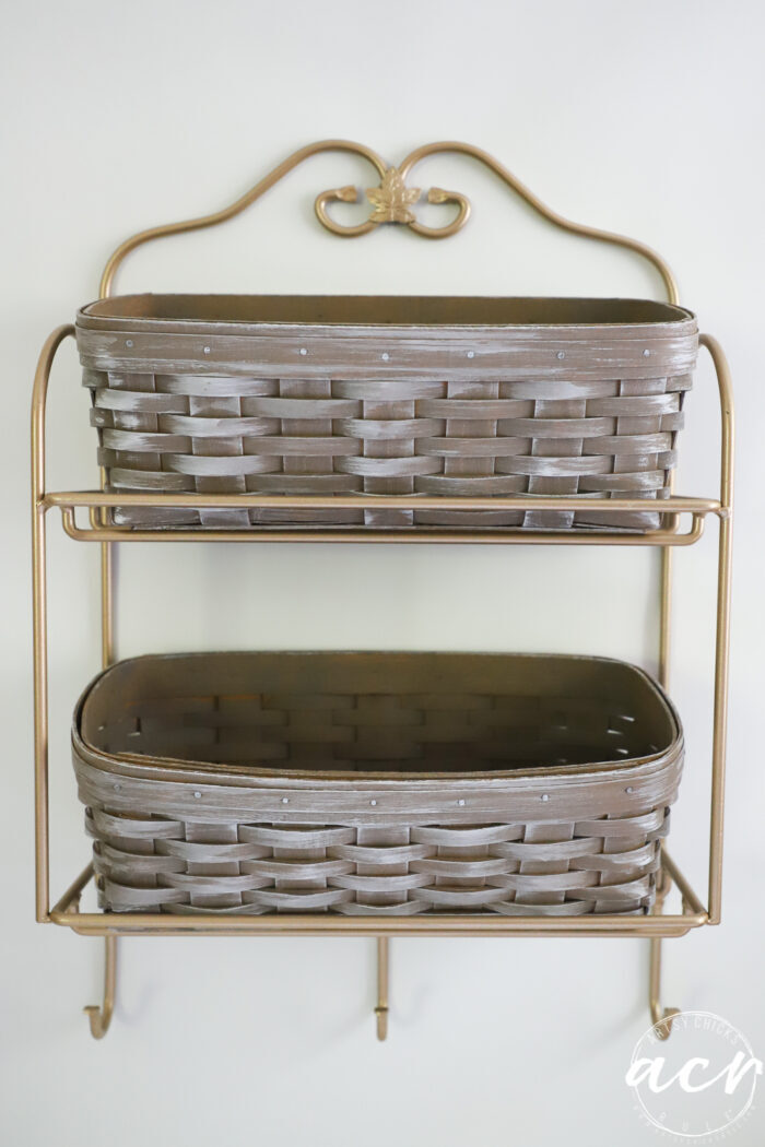Longaberger baskets after stain, whitewash and black iron painted gold