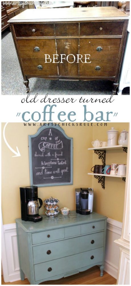 DIY Coffee Bar out of old, antique dresser! Great idea! artsychicksrule.com #coffeebar #coffeestation