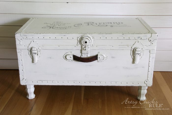 Old Trunk Coffee Table , a THRIFY Makeover! - AFTER - artsychicksrule.com #trunkcoffeetable #oldtrunkmakeover #frenchgraphics #cottagedecor #repurposedtrunk