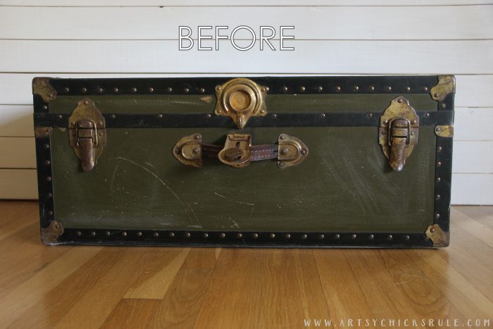 Old Trunk Coffee Table , a THRIFY Makeover! - BEFORE - artsychicksrule.com #trunkcoffeetable #oldtrunkmakeover #frenchgraphics #cottagedecor #repurposedtrunk