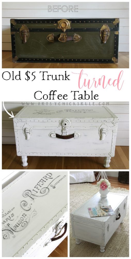 SO Easy!! $5 Old Trunk Coffee Table , a THRIFY Makeover! - artsychicksrule.com #trunkcoffeetable #oldtrunkmakeover #frenchgraphics #cottagedecor #repurposedtrunk