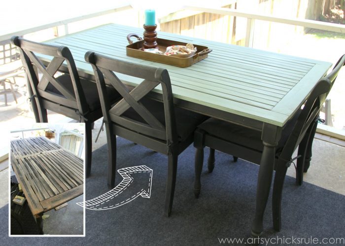 blue patio table with black chairs