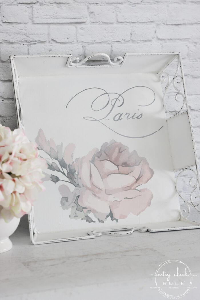 white tray with pink rose