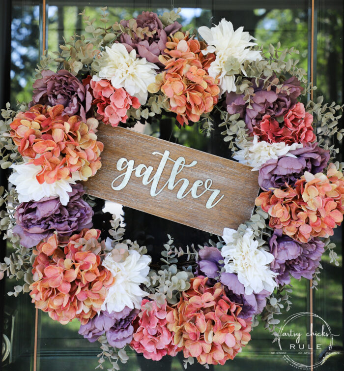 rust, purple and ivory hysdrangea wreath with gather sign in middle