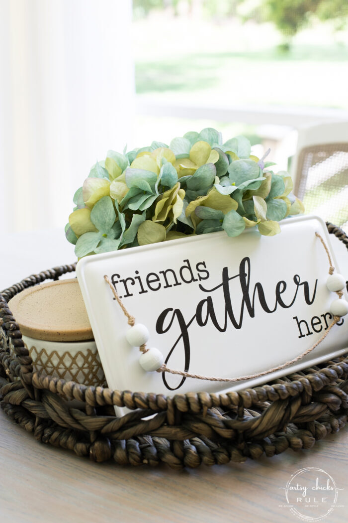brown basket tray with hydrangea and gather sign