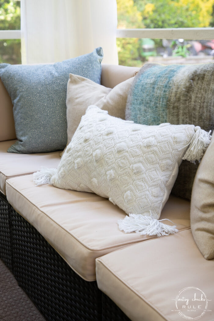 close up of patio couch and pillows