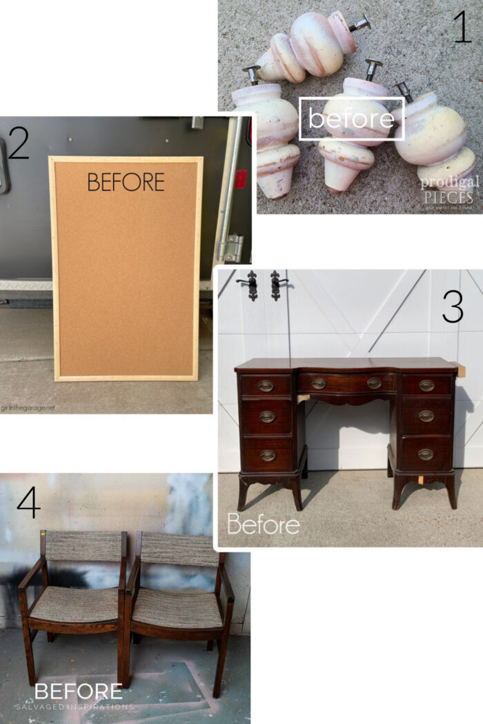 4 different before photos, legs, corkboard, dressing table and set of chairs