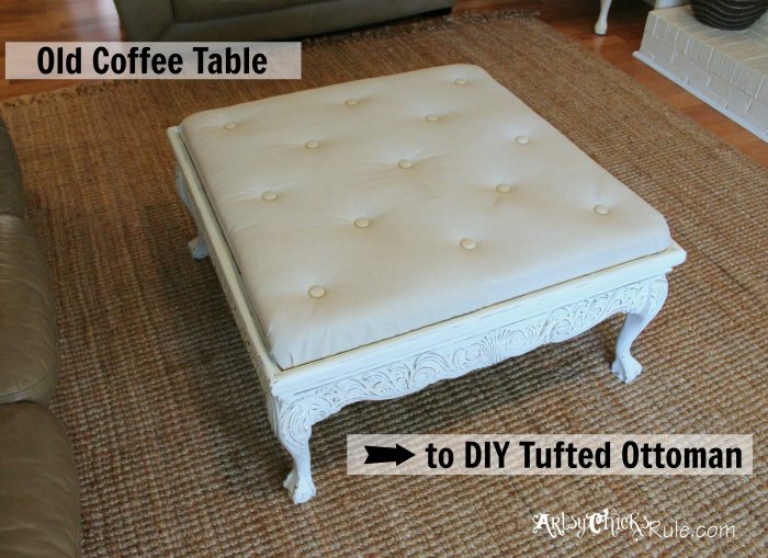 Thrift Store Coffee Table -turned- DIY Tufted Ottoman