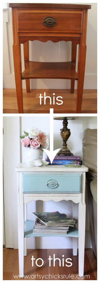 Thrifty End Table Makeover - (with Chalk Paint and Drawer Flair! ;) )- artsychicksrule.com #chalkpaint #duckeggblue #shabby #coastal #paintedfurniture #chalkpaintedfurniture #furnituremakeover