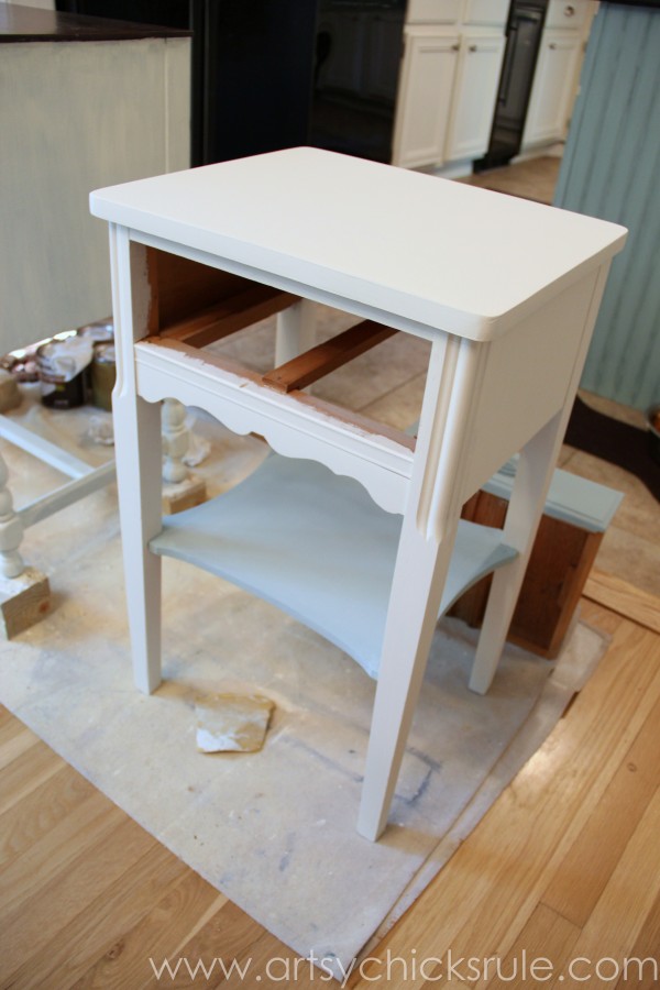 Thrifty End Table Makeover - (with Chalk Paint and Drawer Flair! ;) )- artsychicksrule.com #chalkpaint #duckeggblue #shabby #coastal #paintedfurniture #chalkpaintedfurniture #furnituremakeover