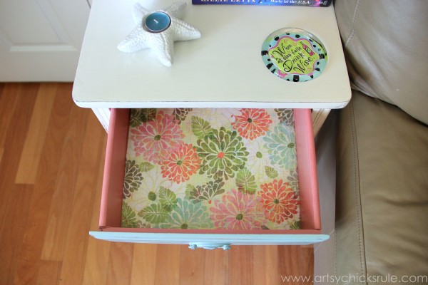 Thrifty End Table Makeover - (with Chalk Paint and Drawer Flair! ;) )- artsychicksrule.com #chalkpaint #duckeggblue #shabby #coastal #paintedfurniture #chalkpaintedfurniture #furnituremakeover