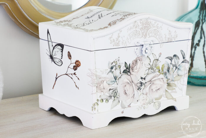 finished white keepsake box with butterfly and branch
