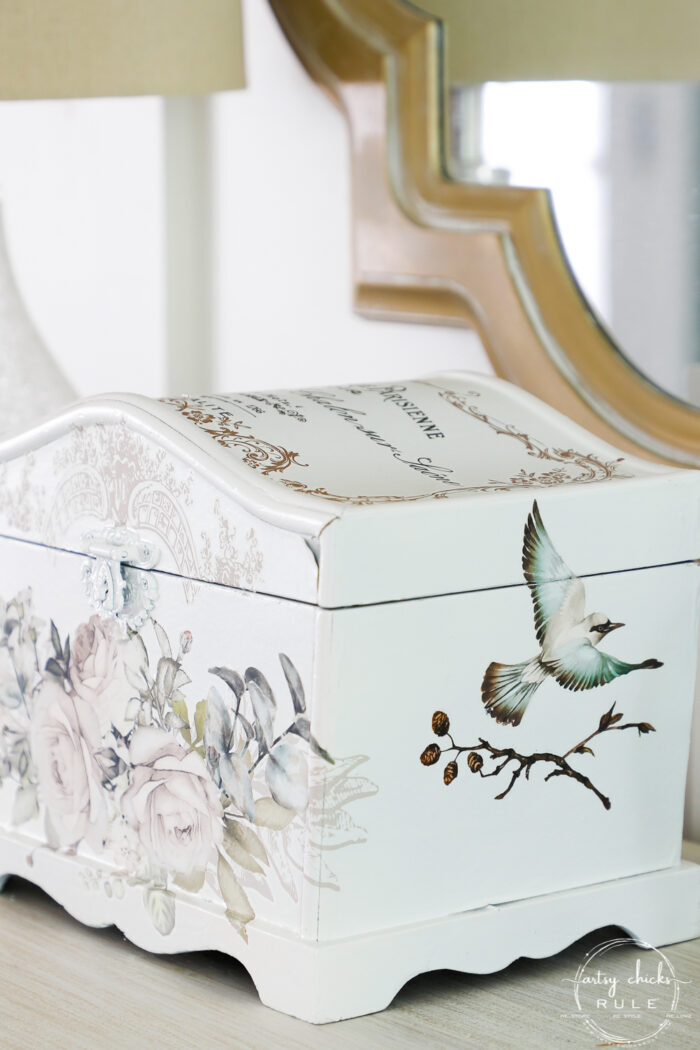 sideview of white treasures box with bird and branch